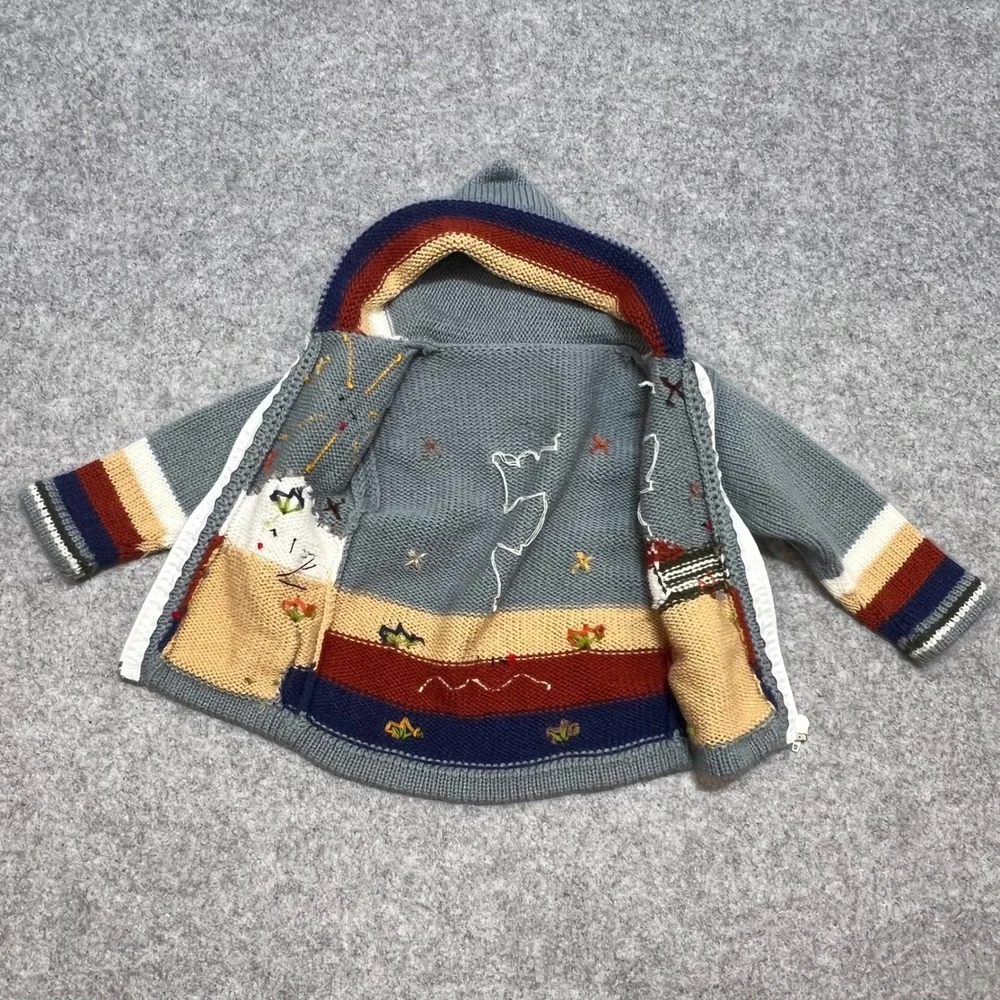 Vintage‎ Style Hand Knit Animal Scene Hooded Zip Cardigan Blue Kids 12-18 Months